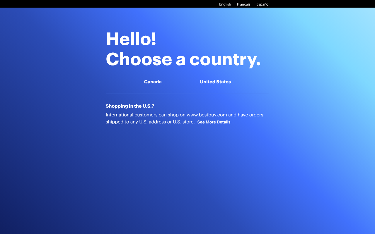 Best Buy International: Select your Country screenshot — 30 Apr 2026